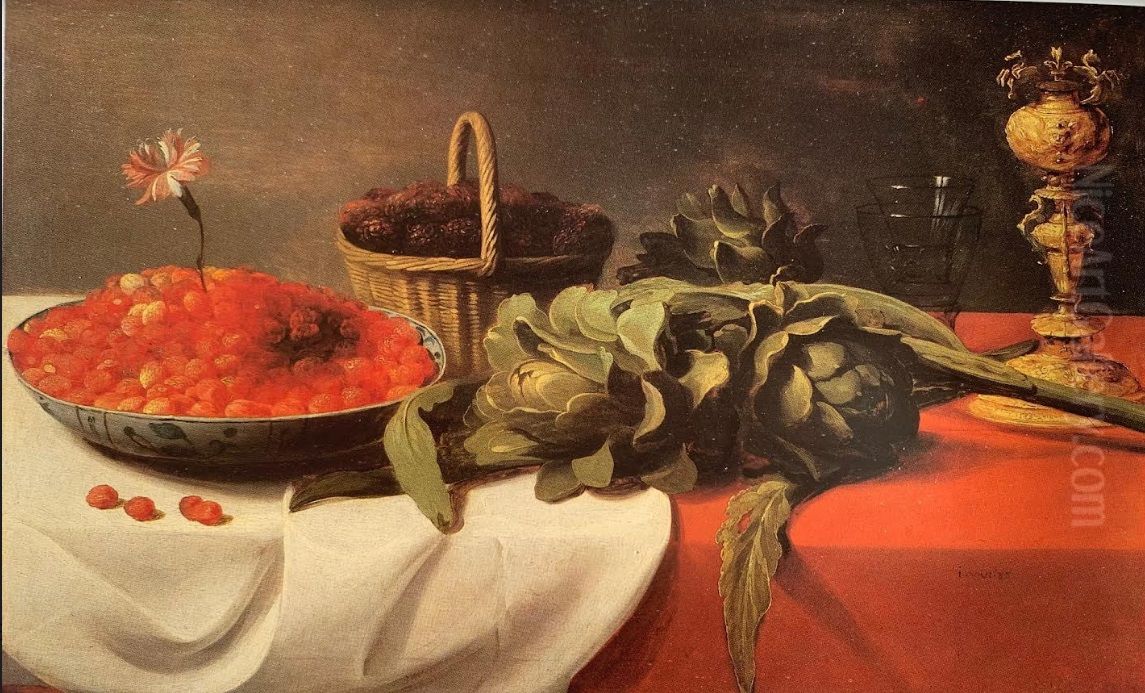 Still life with fruit, artichokes, and a columbine cup Oil Painting by Jacob van Es