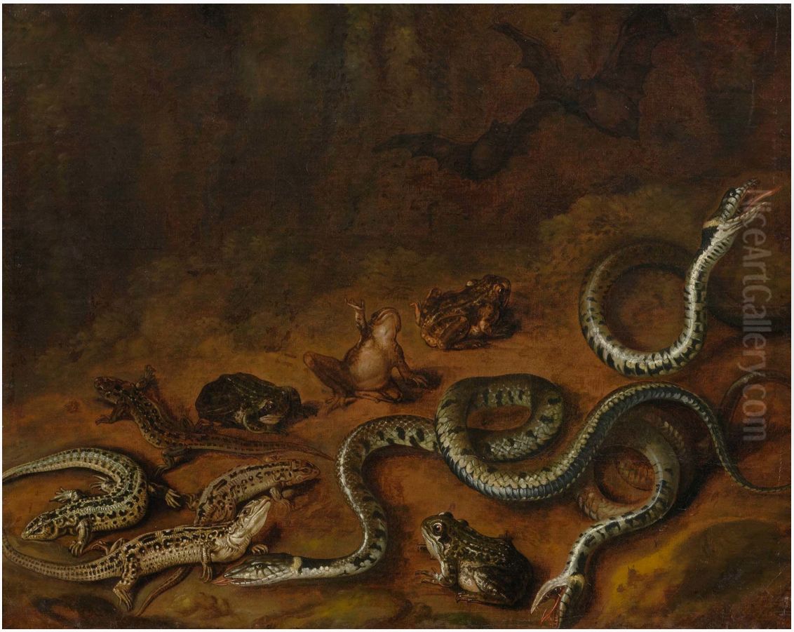 Forest scene with snakes and frogs Oil Painting by Carstian Luyckx