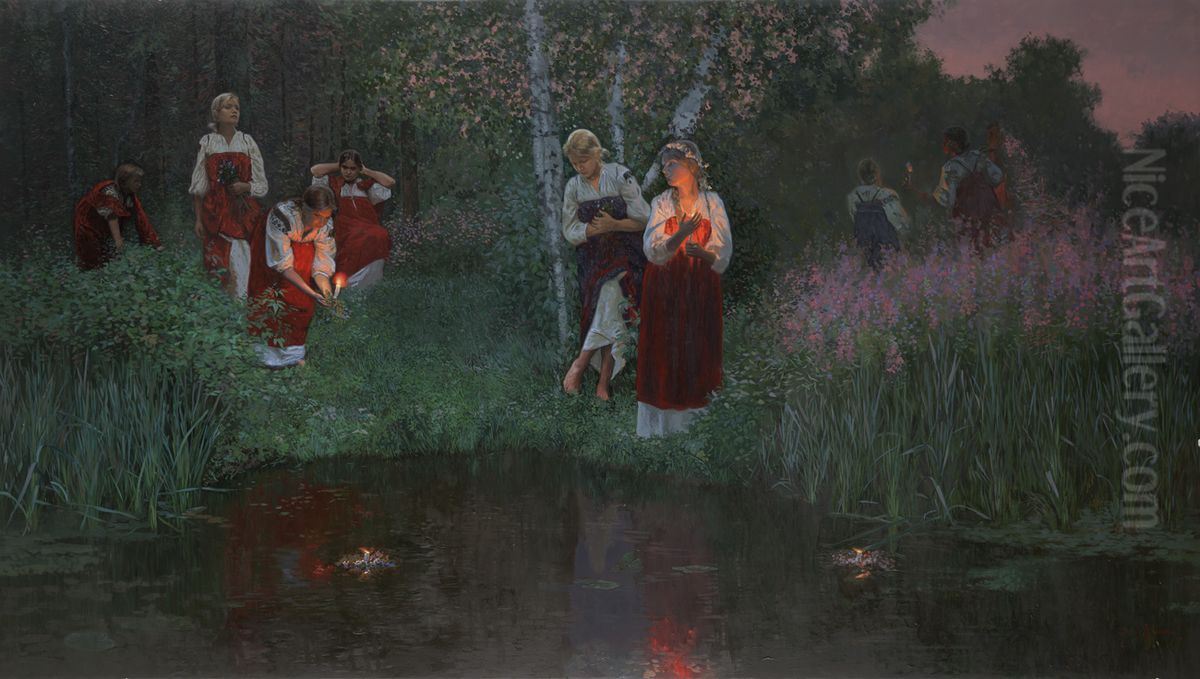 Iwan Kupala. Gussing uber die Kranze. Ol auf Holz mit Kreidegrund (Levkas), 85 x 150 cm. Oil Painting by Simon Kozhin