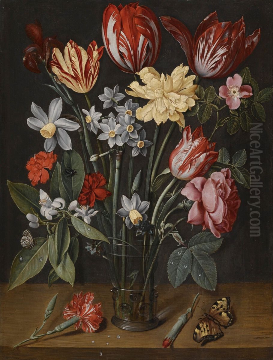 Still life with tulips, daffodils, carnations and other flowers in a vase, all resting on a wooden ledge with butterflies and a fly Oil Painting by Jacob van Hulsdonck