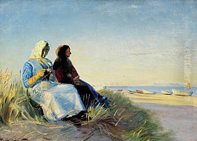 Two fisher women on a dune at Skagen Sonderstrand. Oil Painting by Michael Peter Ancher