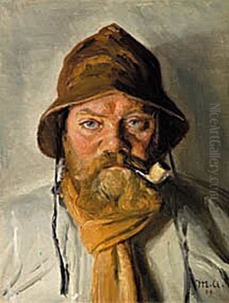 Piberygende skagensfisker med sydvest. Oil Painting by Michael Peter Ancher