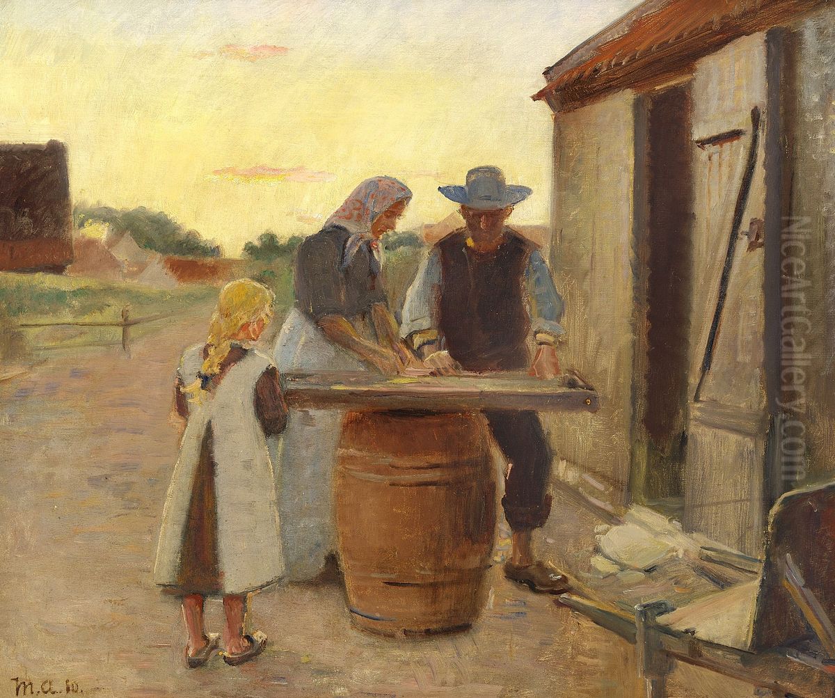 Fisherman family at sunset Oil Painting by Michael Peter Ancher