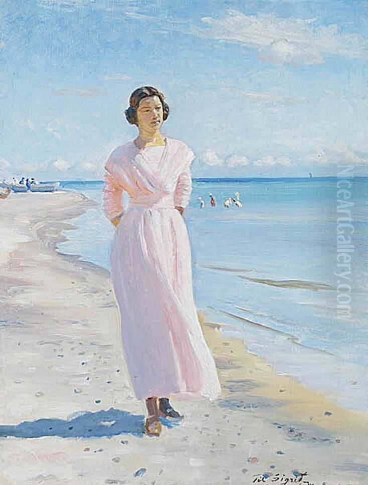 Young woman wearing a pink dress on the South beach of Skagen. Oil Painting by Michael Peter Ancher