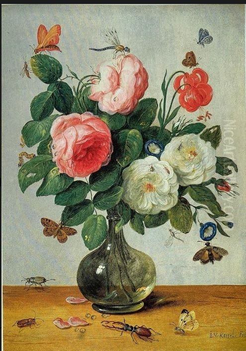 Glass vase with roses and other flowers against a white background Oil Painting by Jan van Kessel the Elder