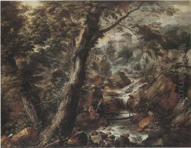 Landscape with a company on a bridge crossing a water fall Oil Painting by Philips Augustijn Immenraet