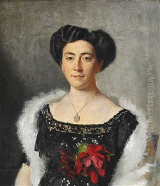 Christiane Bruun de Neergaard in a black evening dress decorated with a red rose Oil Painting by Michael Peter Ancher