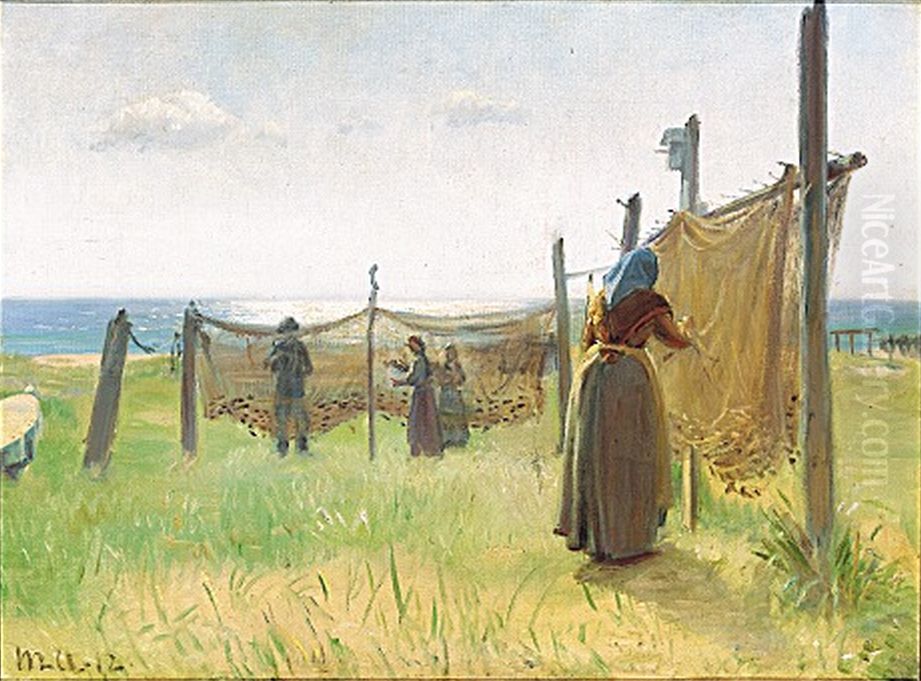 Pa stejlepladsen, fiskerkoner ordner nettene, Skagen. Oil Painting by Michael Peter Ancher