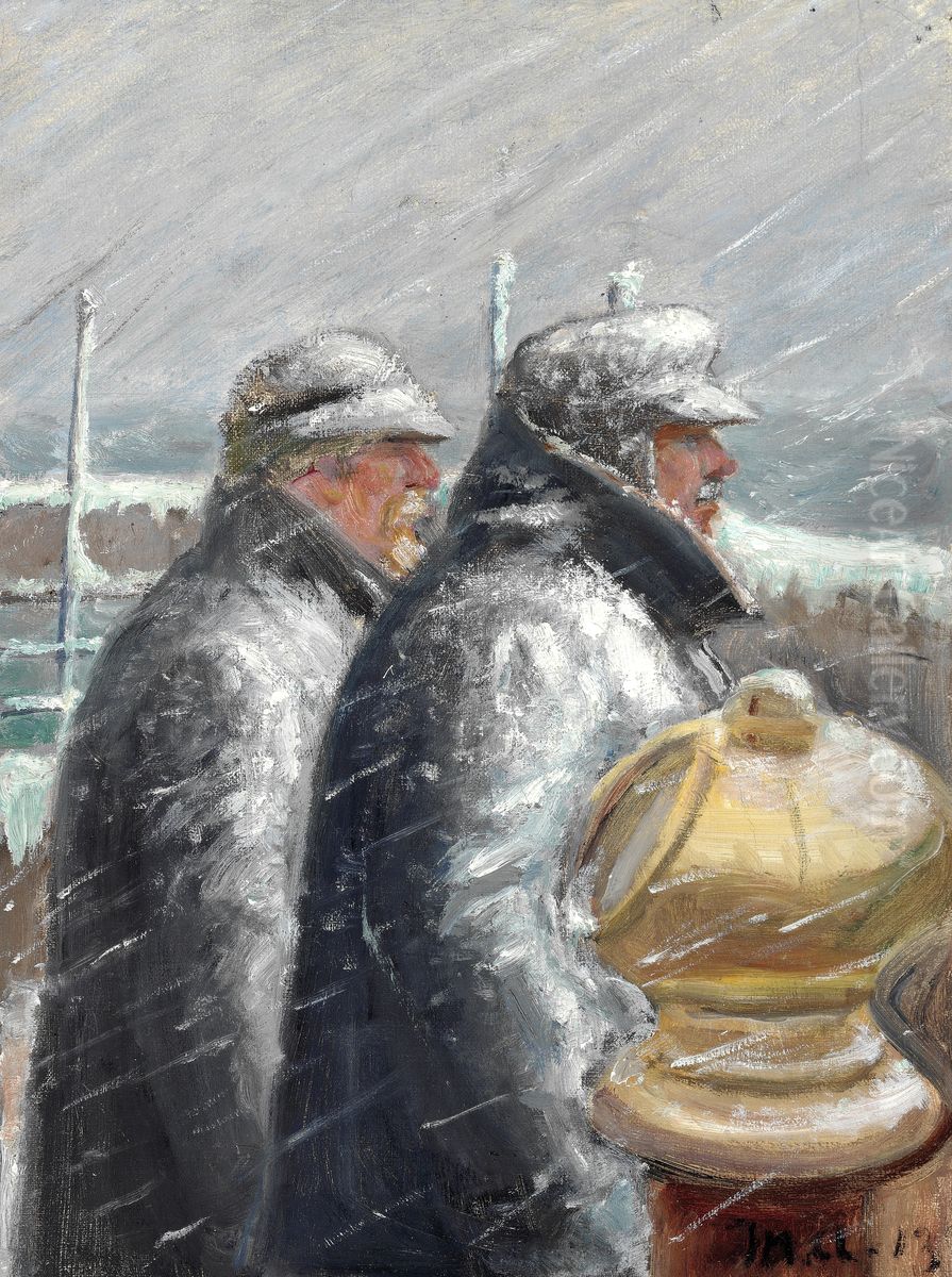 Lodsen pa broen, snestorm. Oil Painting by Michael Peter Ancher