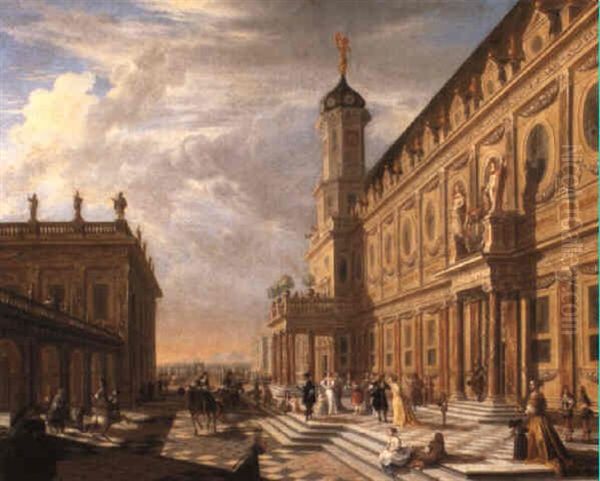 The forecourt of a palace with numerous figures Oil Painting by Hieronymus Janssens