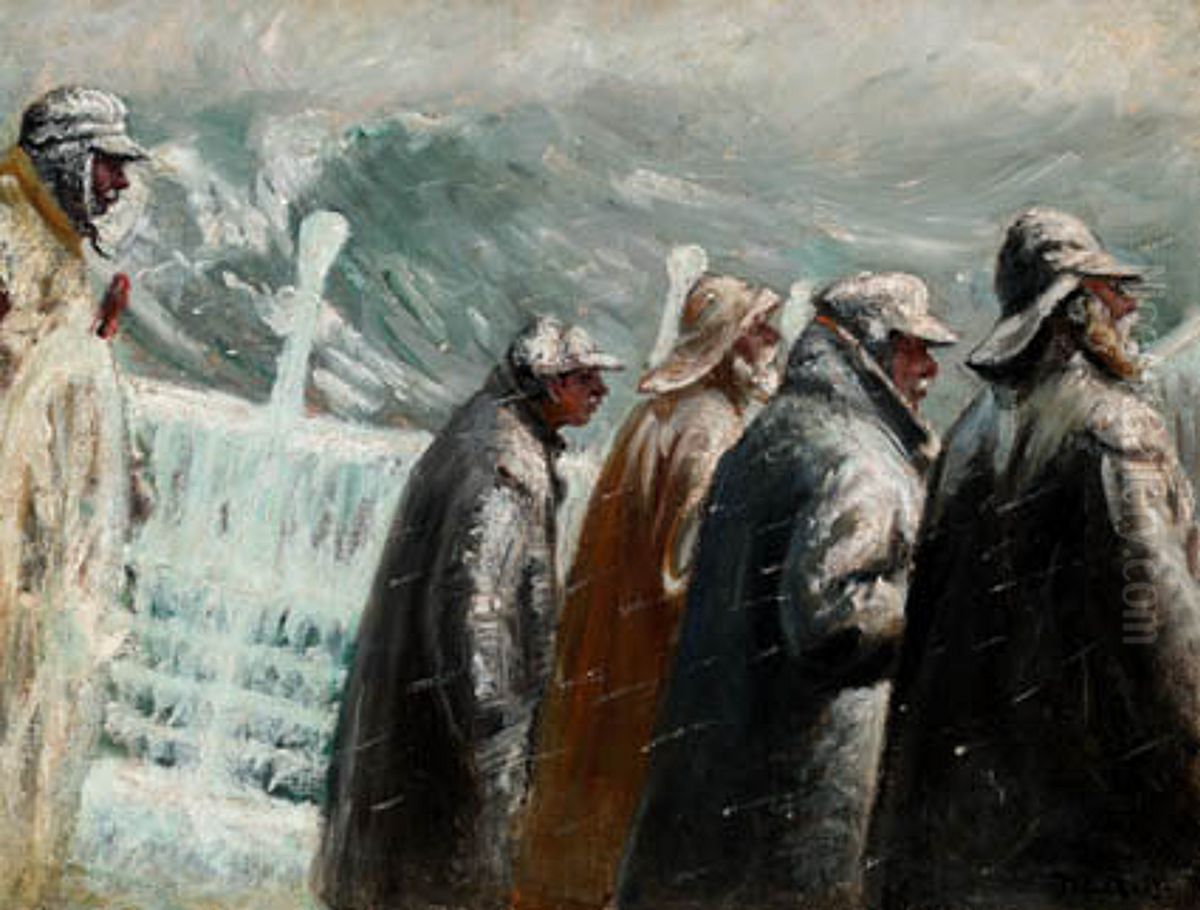 Redningsbaden gar ud, stormvarsel. Oil Painting by Michael Peter Ancher