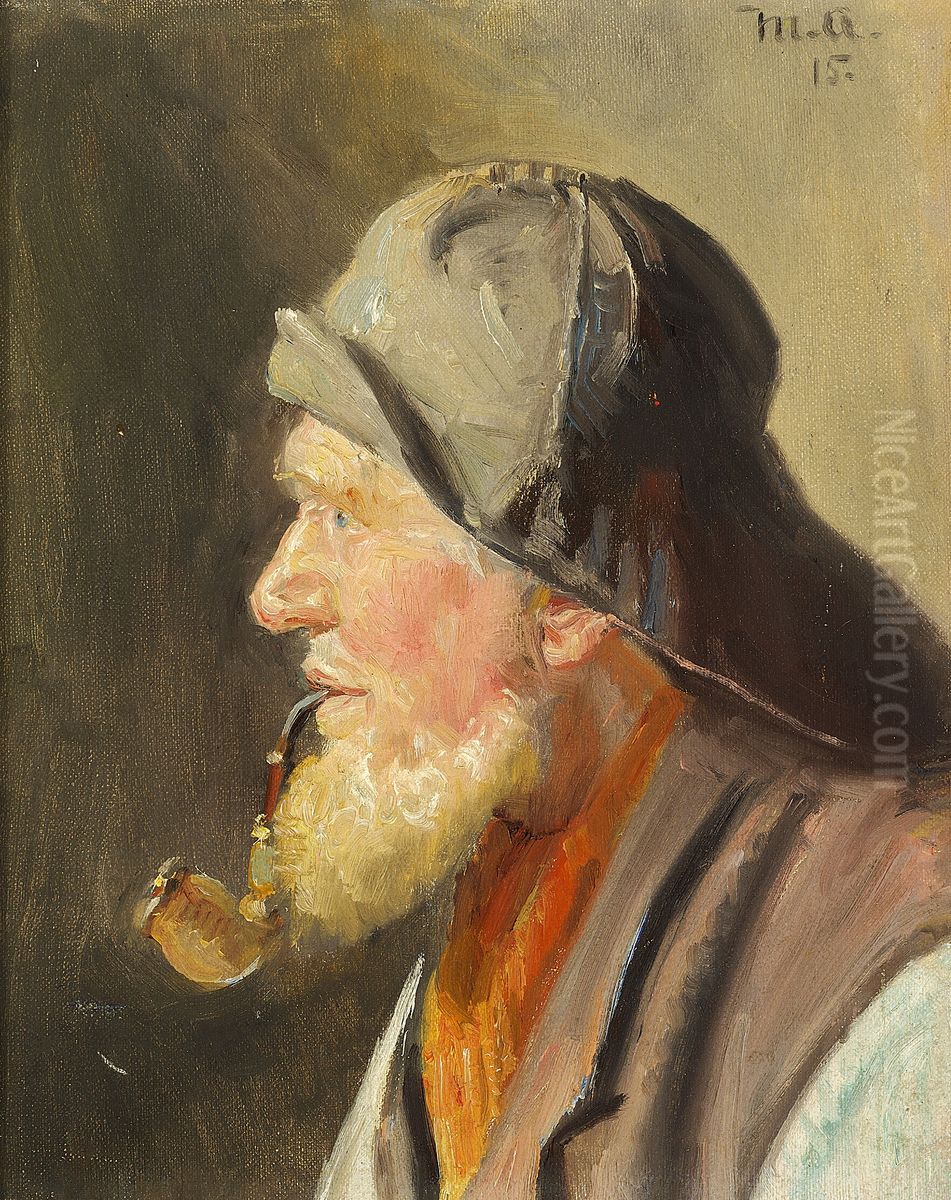 A fisherman with pipe and sou'wester. Oil Painting by Michael Peter Ancher
