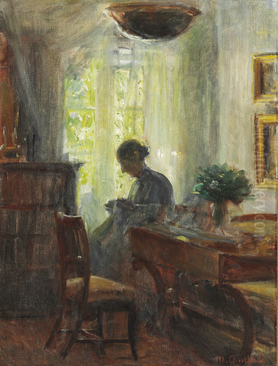 Interior from the artist's home. Anna Ancher at her needlework Oil Painting by Michael Peter Ancher