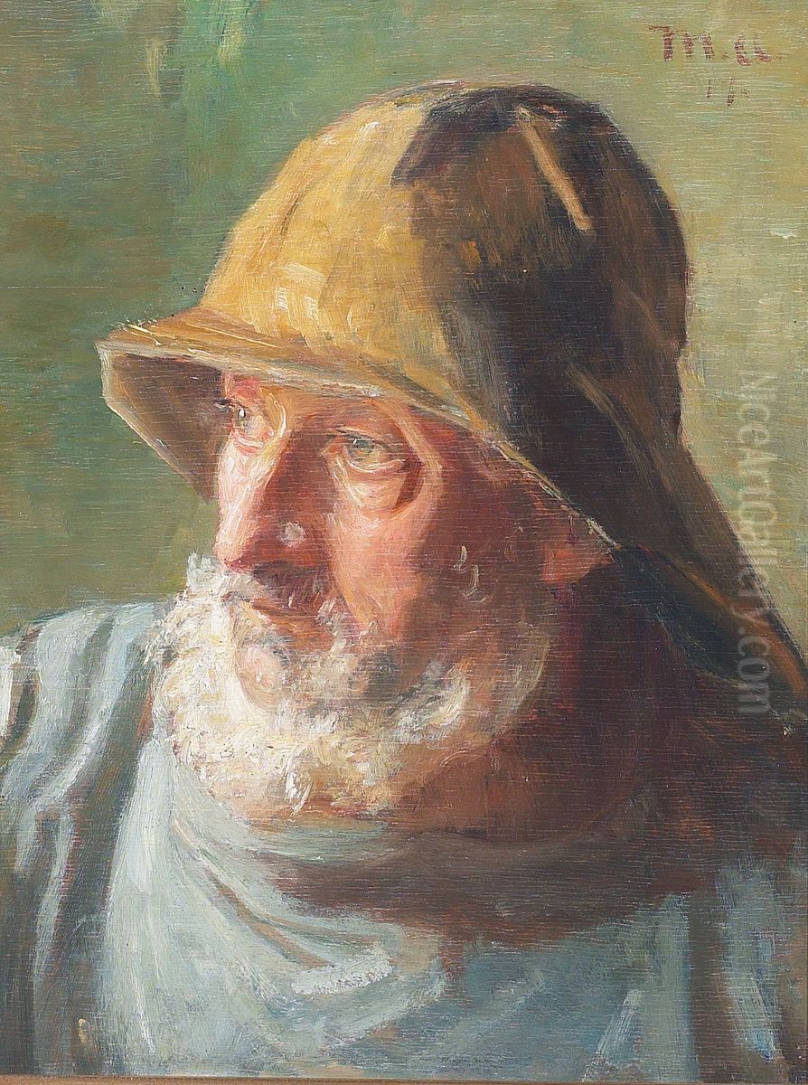 Portrait of a fisherman with a sou'wester. Oil Painting by Michael Peter Ancher