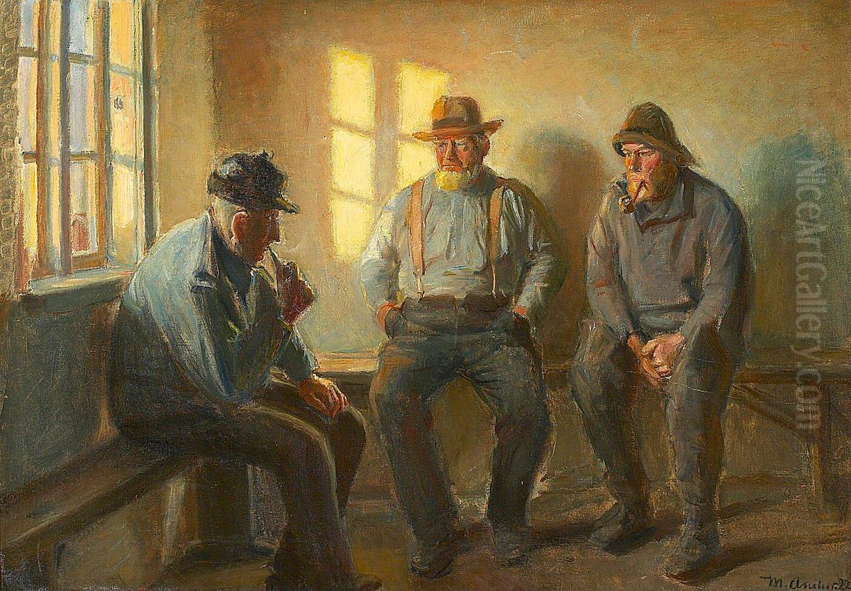 Tre fiskere i Brondums Bod. (1922) Oil Painting by Michael Peter Ancher