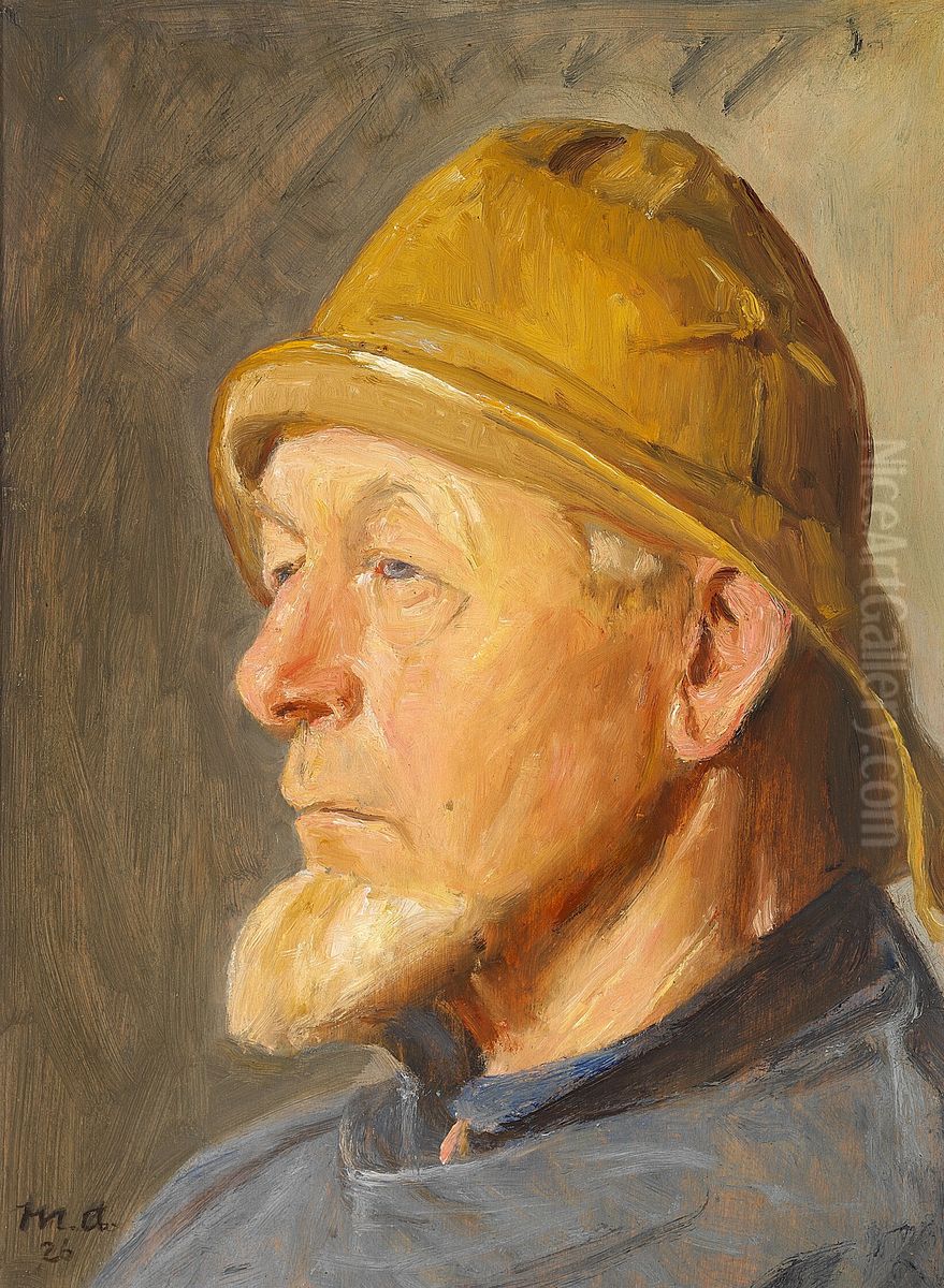 A fisherman of Skagen wearing a sou'wester. Oil Painting by Michael Peter Ancher