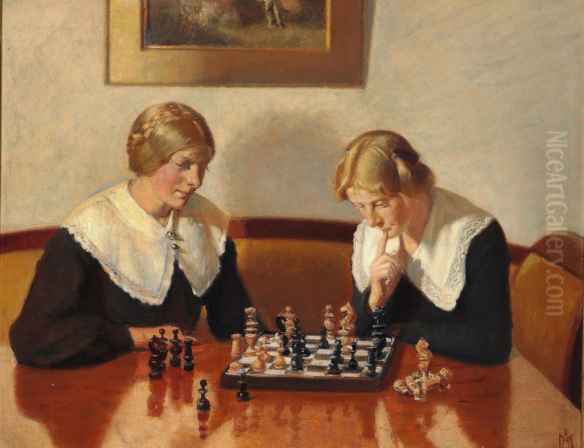 Helga Ancher and Engel Saxild playing chess in the home on Markvej in Skagen. Oil Painting by Michael Peter Ancher