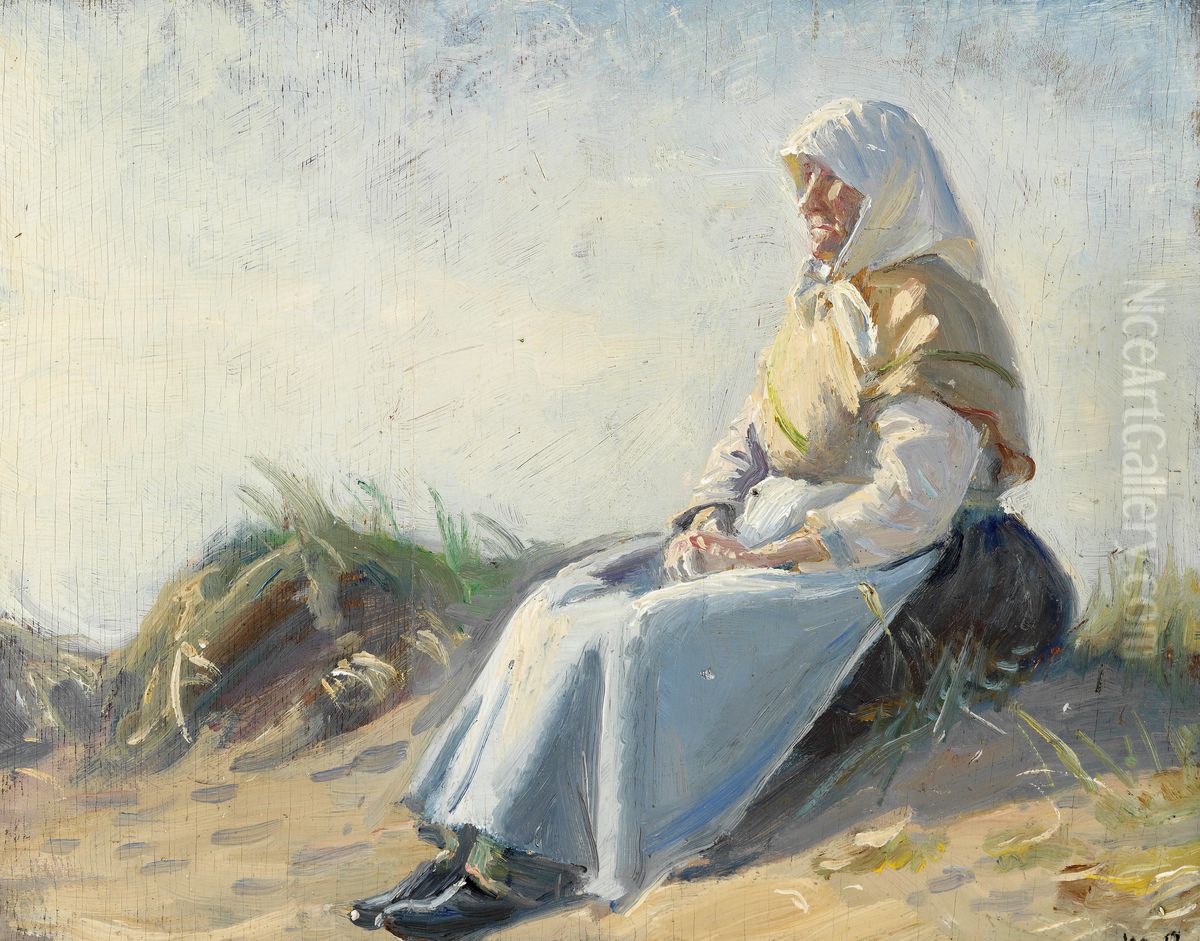 The wife of Anker Nelle sitting in the dunes at Skagen. Oil Painting by Michael Peter Ancher