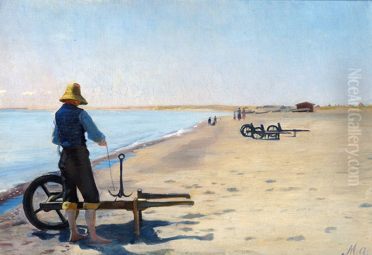 Repairing the anchor a summer's day at Skagen Beach, Denmark. Oil Painting by Michael Peter Ancher