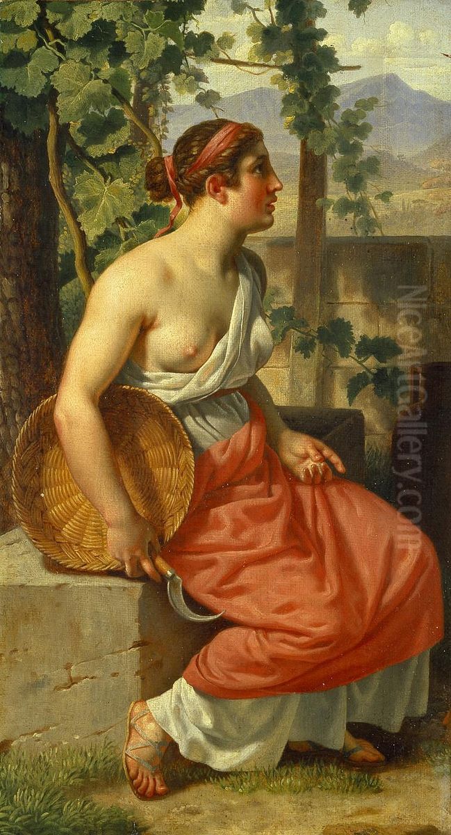 En hostpige i antik dragt med segl og kurv Oil Painting by Christoffer Wilhelm Eckersberg