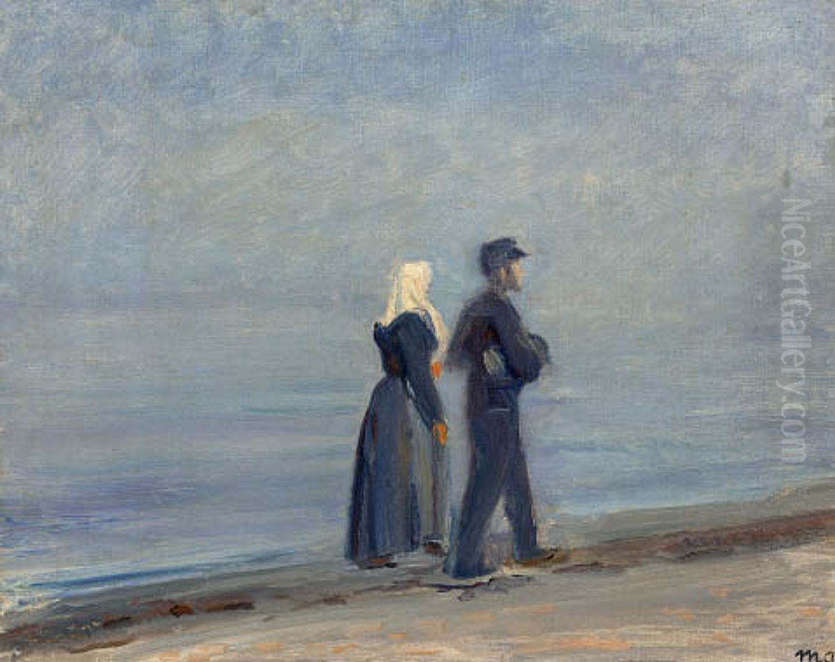 En fisker og hans kone gaende pa Skagen strand. Oil Painting by Michael Peter Ancher