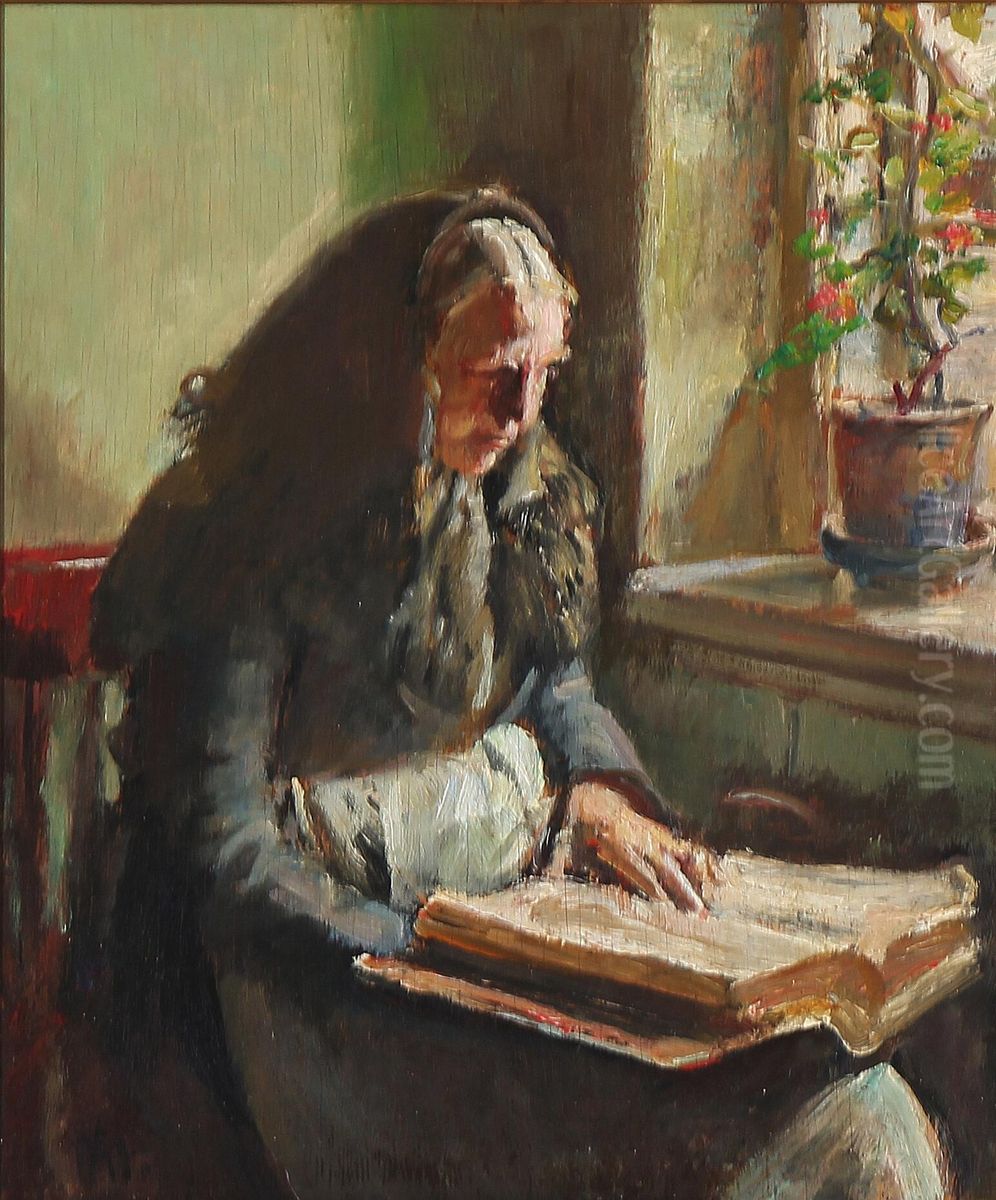 A woman reads by a window. Oil Painting by Michael Peter Ancher