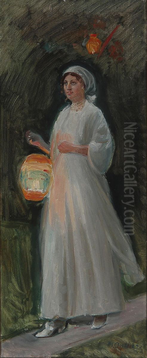 A party in Skagen. A young girl arrives. Study. Oil Painting by Michael Peter Ancher