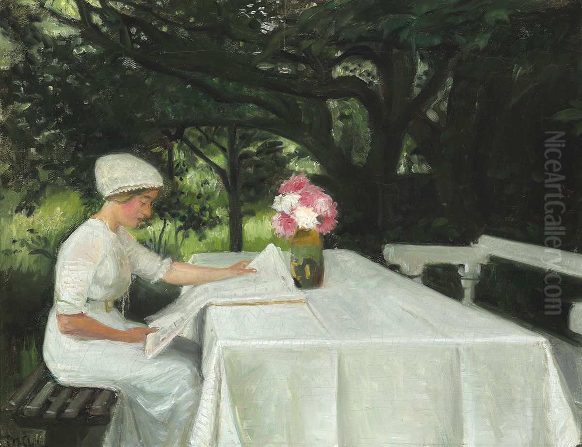 From the garden in Skagen. A young woman reading a newspaper. Oil Painting by Michael Peter Ancher