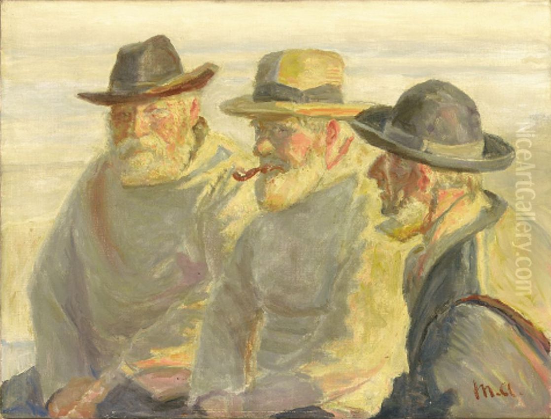 Three fishermen on the beach of Skagen. Oil Painting by Michael Peter Ancher