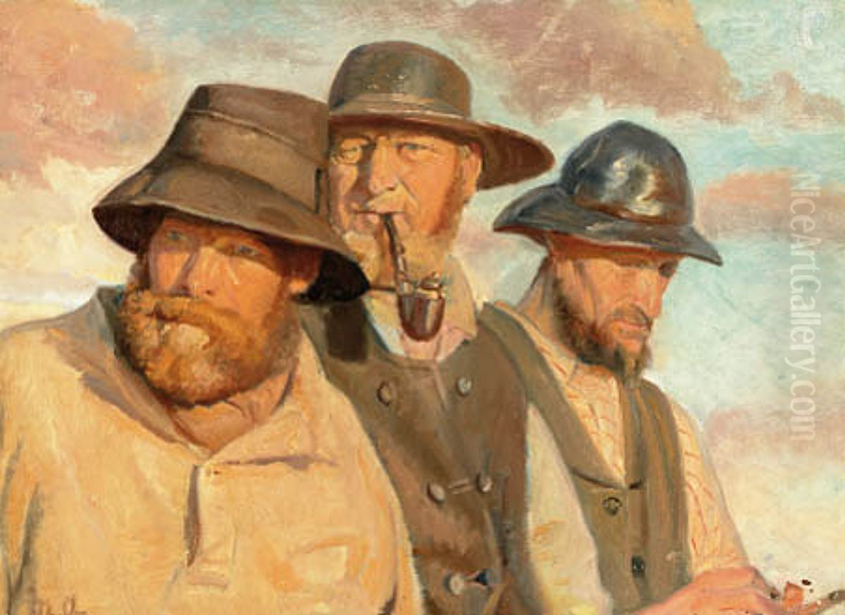Tre Skagenfiskere under aben himmel. Oil Painting by Michael Peter Ancher