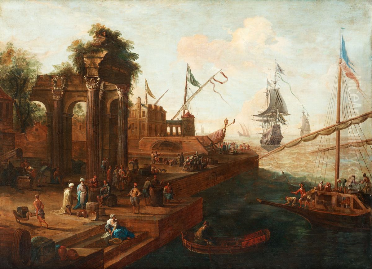 Southern Port with Figures and Ships Oil Painting by Abraham Storck