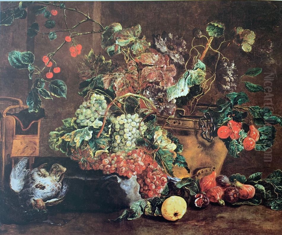 Flowers and fruit with young partridge and bird trap Oil Painting by Jan Fyt