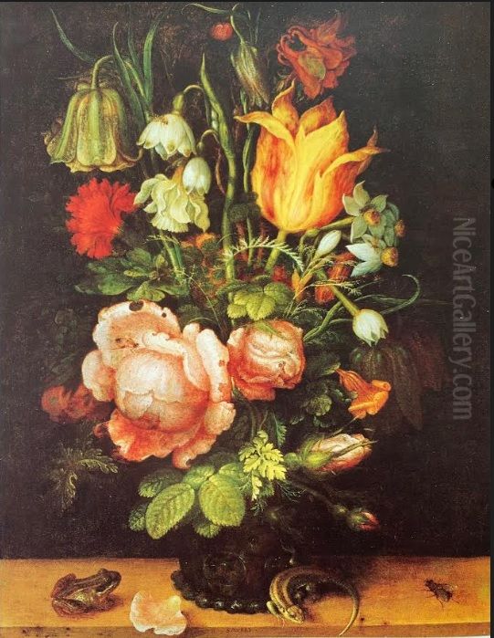 Flowers in a glass vase Oil Painting by Roelant Savery