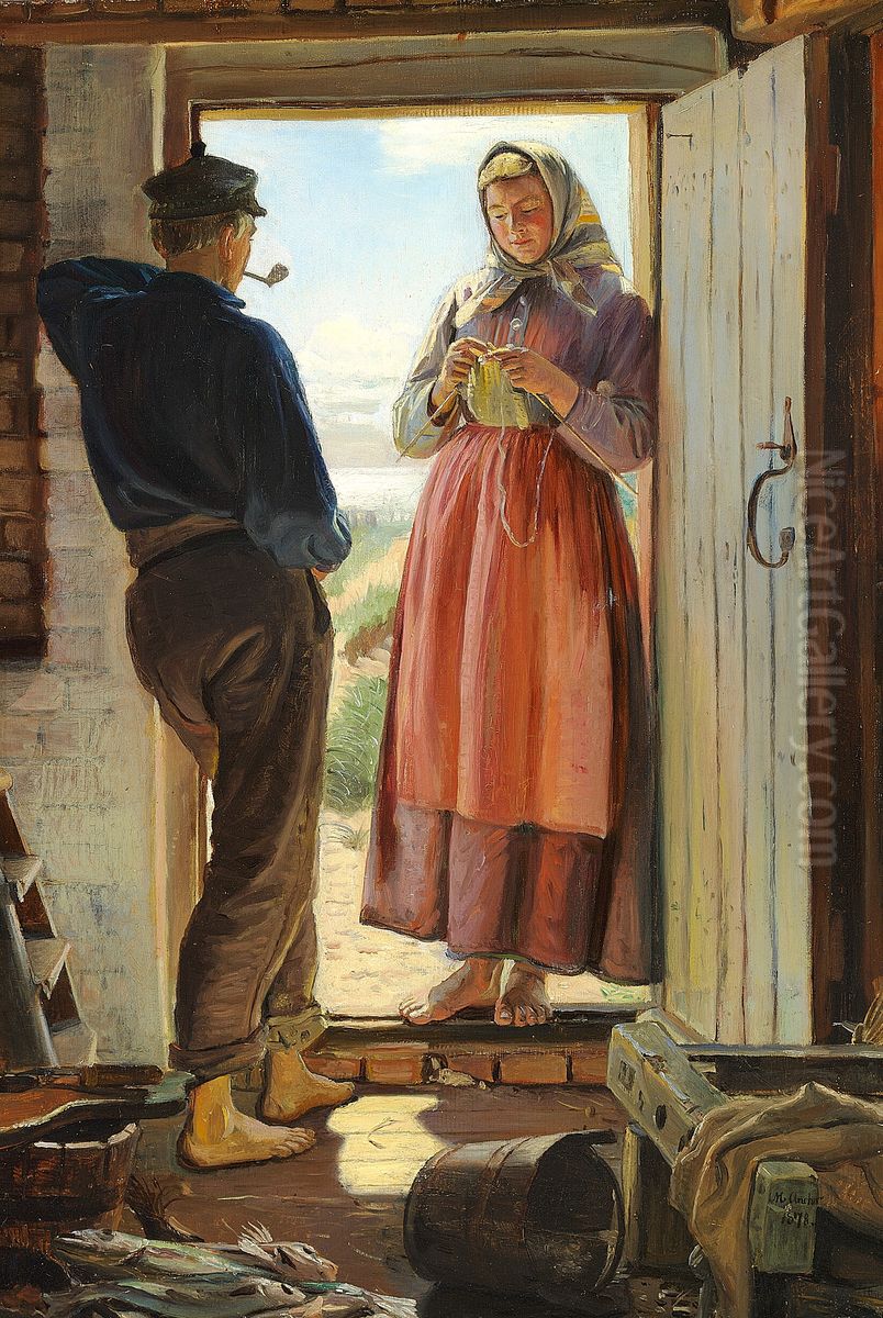 Et frieri. Ung fisker og strikkende pige i en dorabning. Oil Painting by Michael Peter Ancher