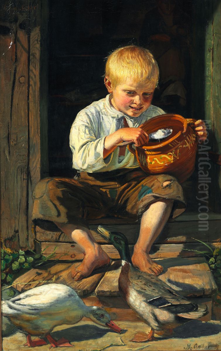 A boy feeding the ducks Oil Painting by Michael Peter Ancher