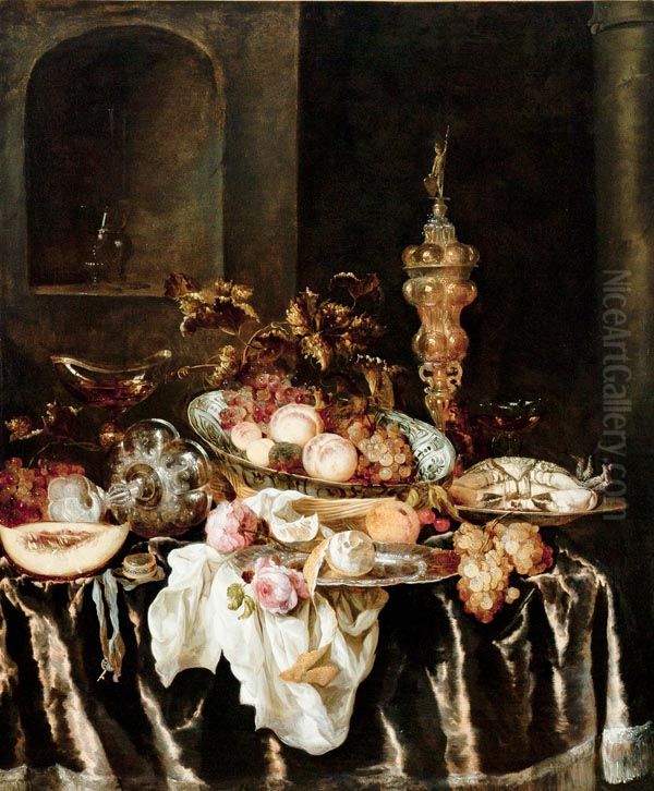 A Banquet Still Life with Roses Oil Painting by Abraham Van Beijeren