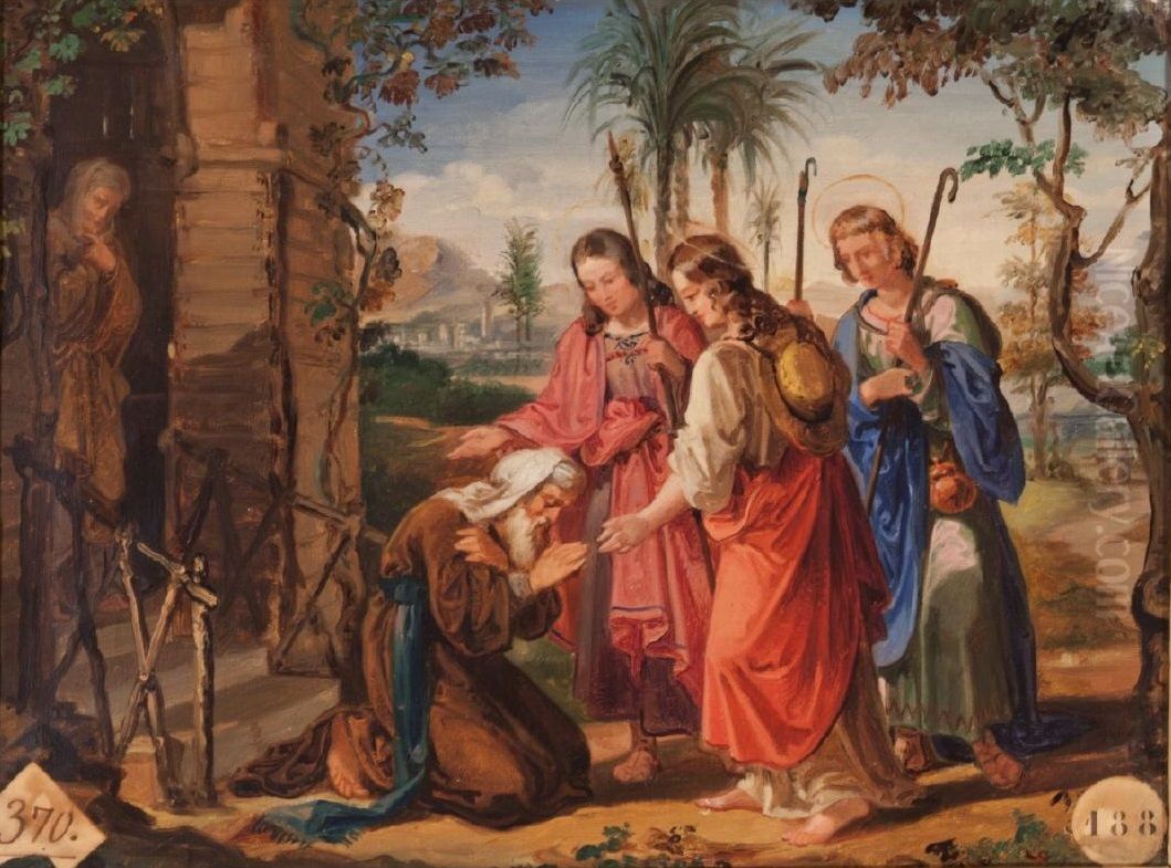 Abraham y los tres angeles Oil Painting by Bernardino Montanes