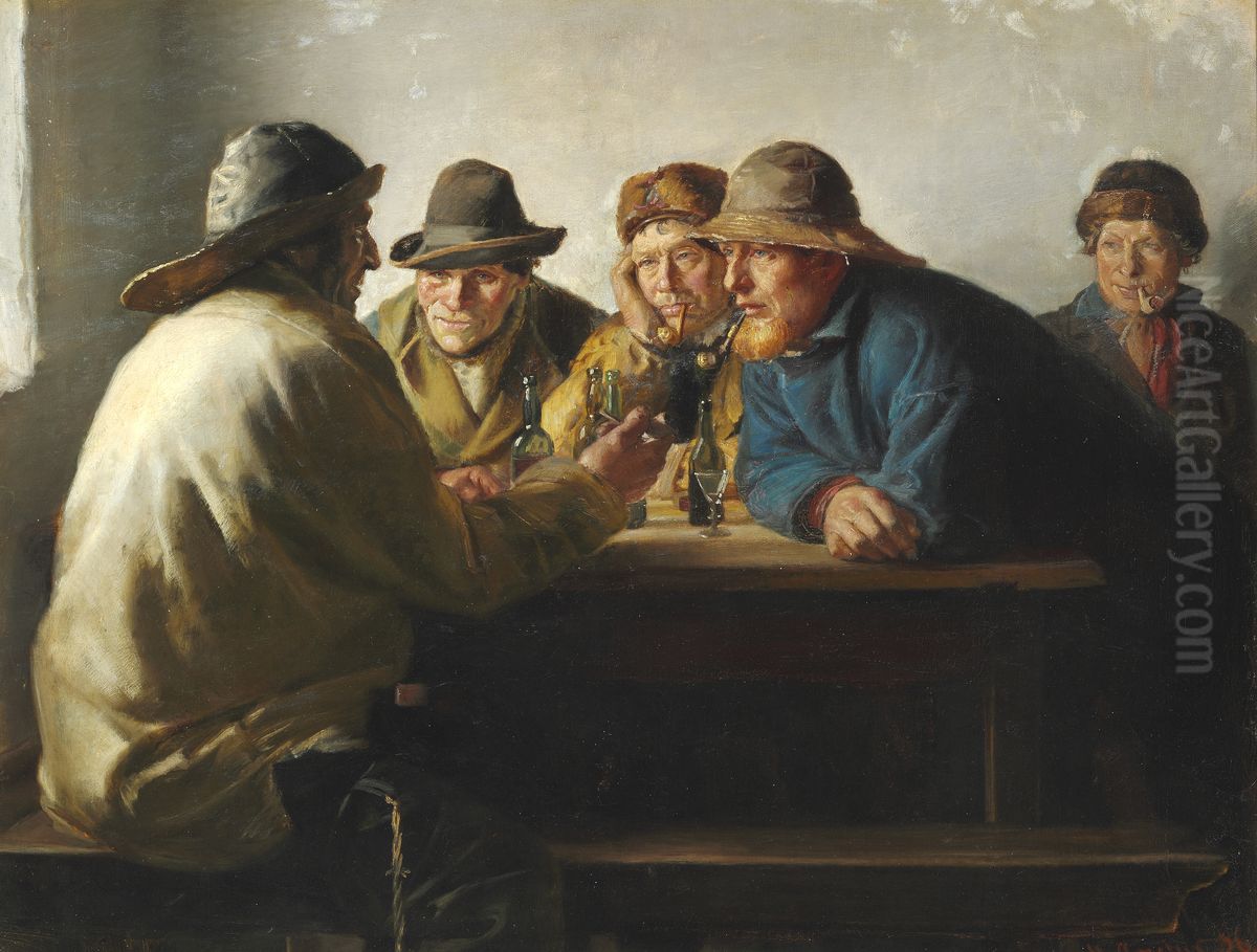 Fiskere omkring et bord drikker en fyraftensol Oil Painting by Michael Peter Ancher