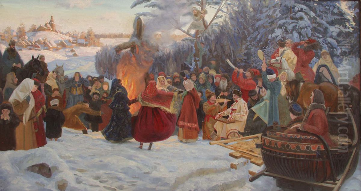 Pfannkuchen. Abschied von Wintersemester. Russland XVII Jahrhundert. Ol auf Leinwand. 110 x 210 cm Oil Painting by Simon Kozhin