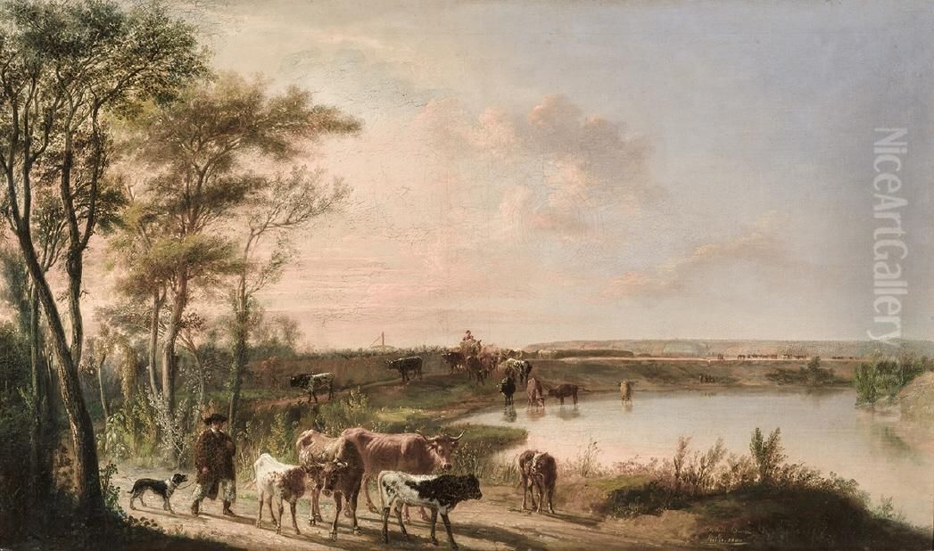 Abrevadero de vacas a orillas del Guadalquivir Oil Painting by Manuel Barron y Carrillo