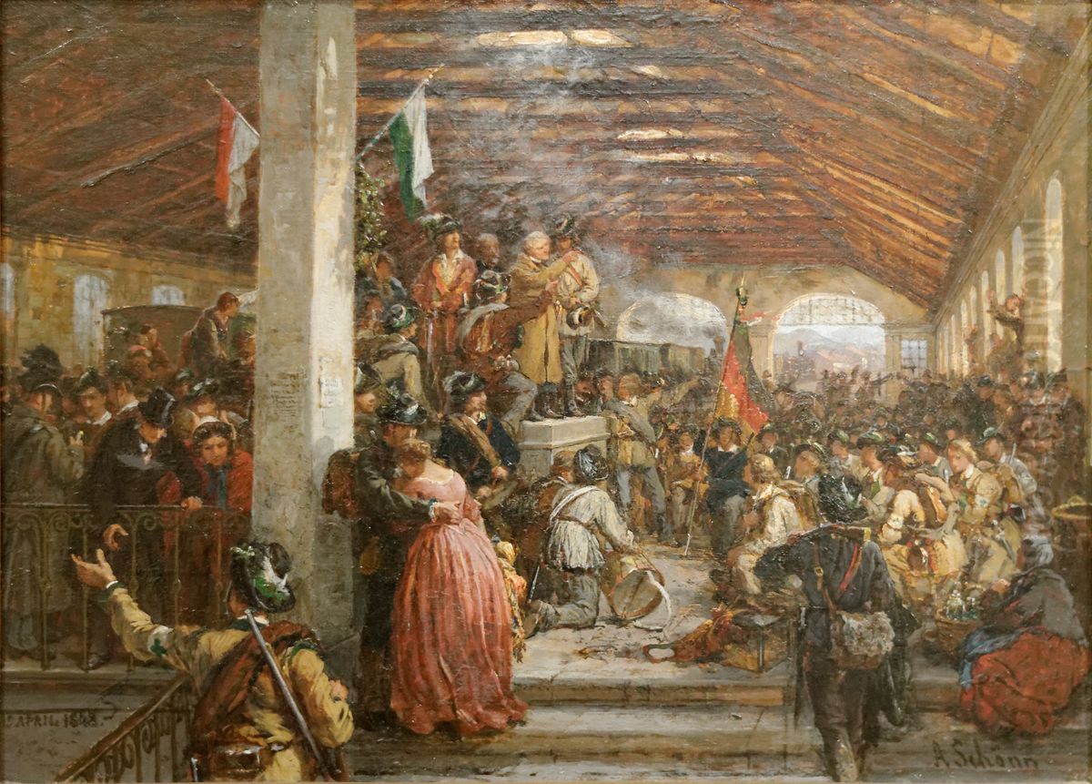 Abschied der Freiwilligen nach Italien am 3 April 1848 Oil Painting by Alois Schonn