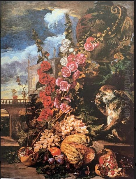 Flowers and fruit with a monkey in a landscape Oil Painting by Abraham Brueghel