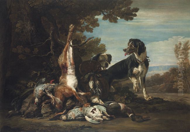 Still life of game, with two dogs, in a landscape Oil Painting by David de Coninck