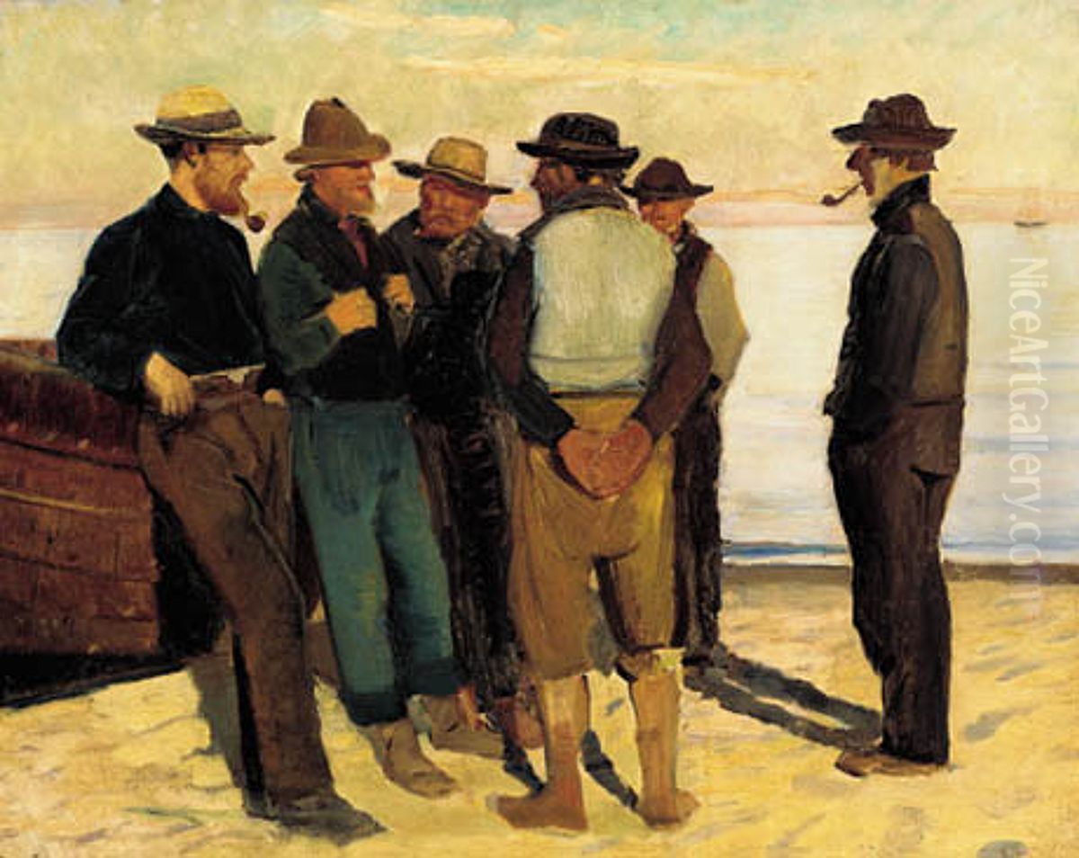 Fiskere ved stranden en stille sommeraften. Studie (2) Oil Painting by Michael Peter Ancher