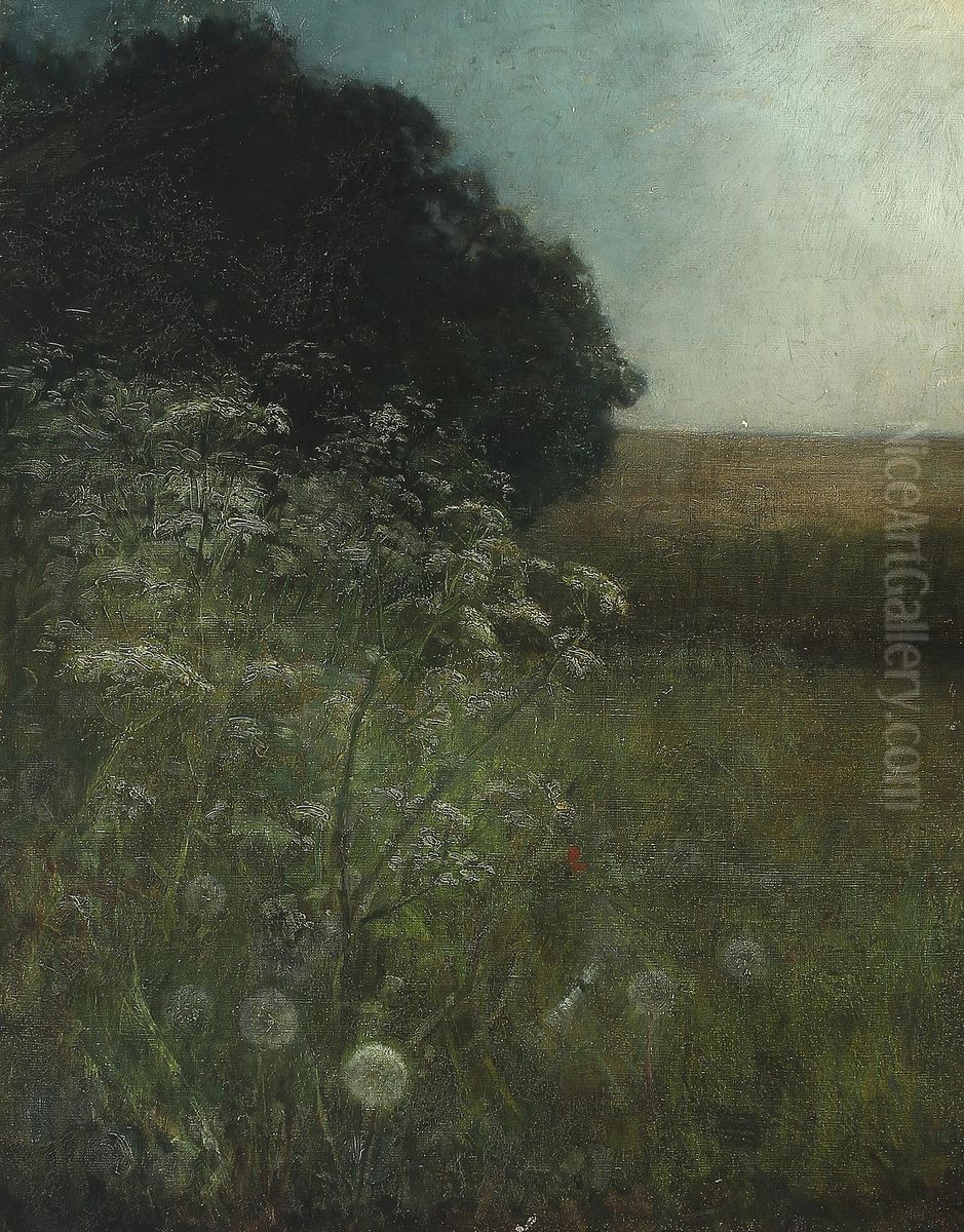 Landscape with bushers and dandelions. Oil Painting by Georg Achen