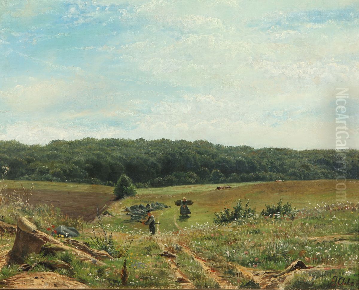 Danish summer landscape with firewood gatherers. Oil Painting by Georg Achen