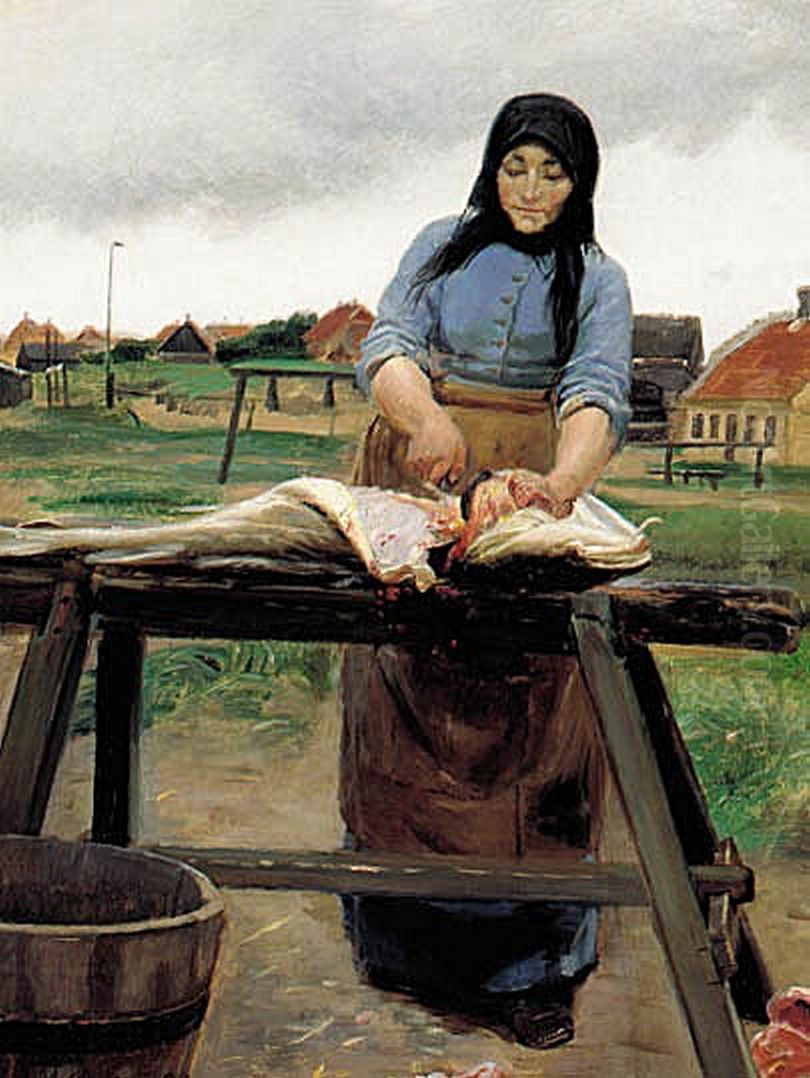 A woman from Skagen cutting a haddock. Oil Painting by Michael Peter Ancher