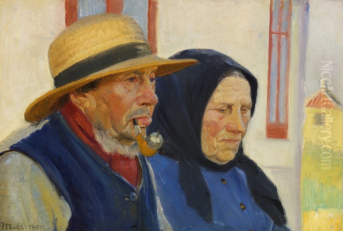 Niels og Ane Gaihede uden for deres hus i Osterby. Oil Painting by Michael Peter Ancher