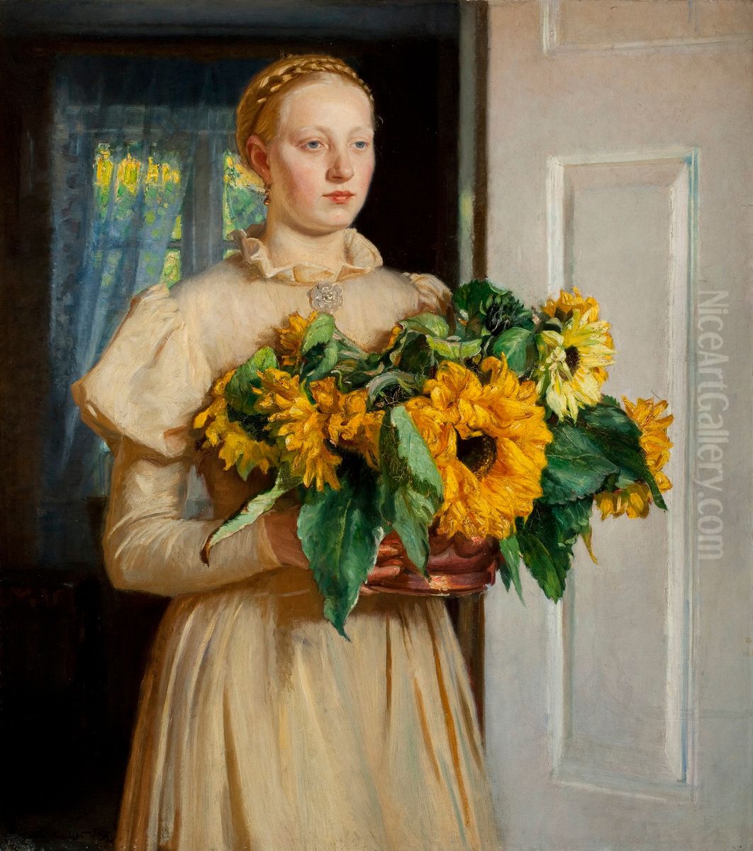 Pigen med solsikkerne Oil Painting by Michael Peter Ancher