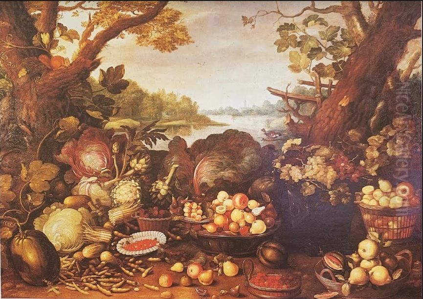 Fruit bowl, basket, vegetables and a squirrel Oil Painting by Gommaert Van Der Gracht